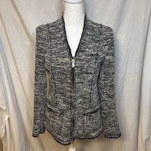 Karl Lagerfield Tweed Grey Pattern Blazer ZIp Jacket Womens Designer Comfort